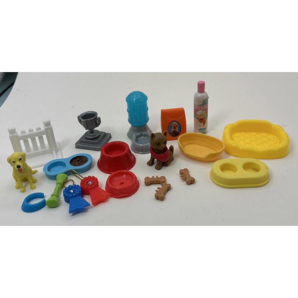 Lot Of Barbie Dollhouse Pet Accessories, Food Bowls Ribbons Toys Cat Dog